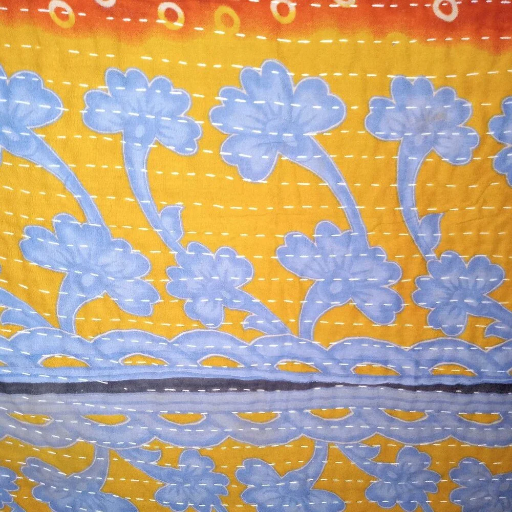 Kantha Quilt Blue Yellow Burnt Orange 54" x 83" Premium 3 Layer Cotton K141. - Picture 3 of 6